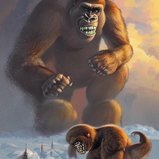 Image similar to angry king kong attacks winter kremlin, digital painting, very detailed environment, art by artgerm and boris vallejo