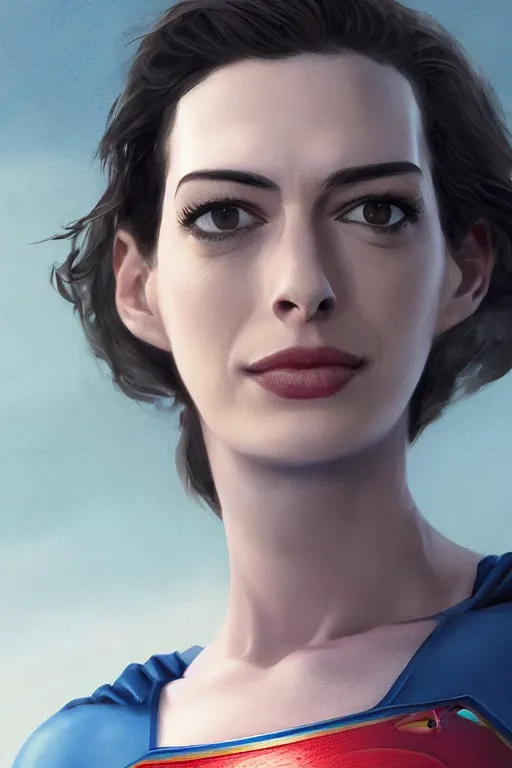 Image similar to a fancy close up of Man of Steel cast as Anne Hathaway by Greg Rutkowski, Sung Choi, Mitchell Mohrhauser, Maciej Kuciara, Johnson Ting, Maxim Verehin, Peter Konig, 8k photorealistic, cinematic lighting, HD, high details, dramatic, trending on artstation, full body shot