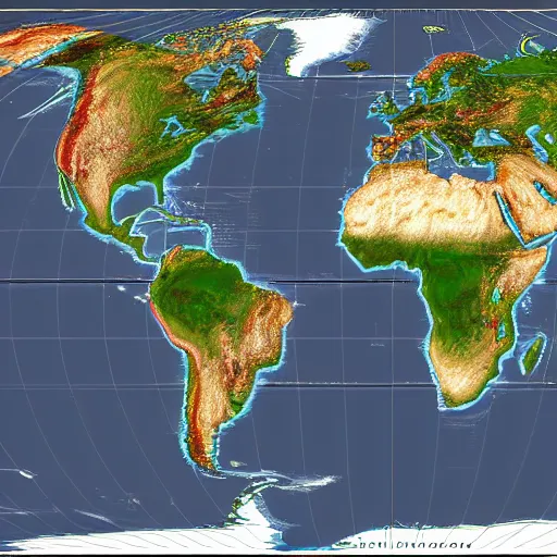 Prompt: map of a new planet, highly distorted continents