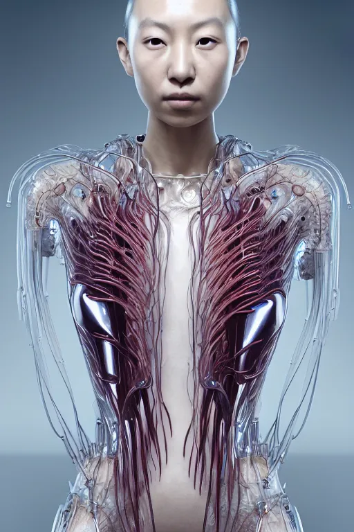 Image similar to young asian woman, iris van herpen, beautiful face, perfect symmetrical body, full body shot, inflateble shapes, wires, tubes, veins, jellyfish, white biomechanical details, wearing epic bionic cyborg implants, masterpiece, intricate, biopunk, vogue, highly detailed, artstation, concept art, cyberpunk, octane render