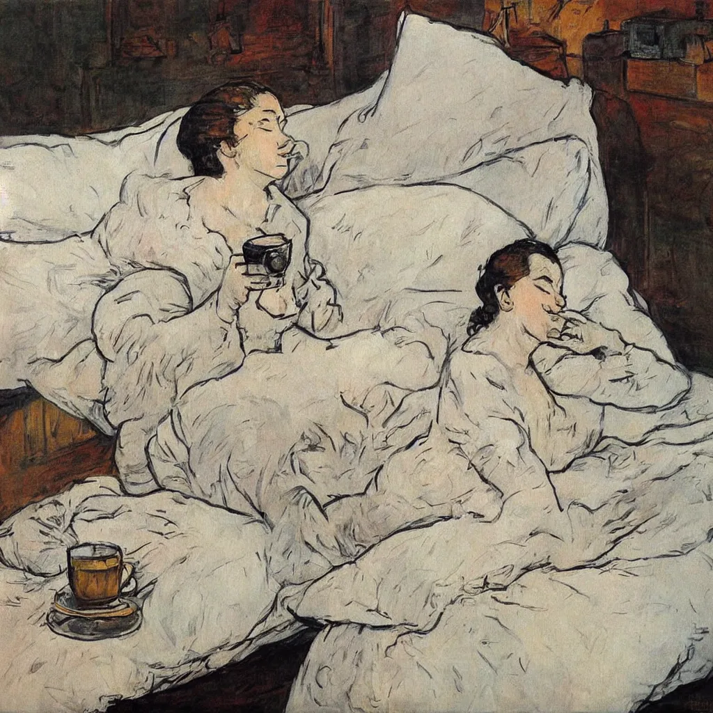 Prompt: a beautiful painting of a beautiful far woman drinking coffee in a bed with white sheets drinking coffee in the style of telous lautrec