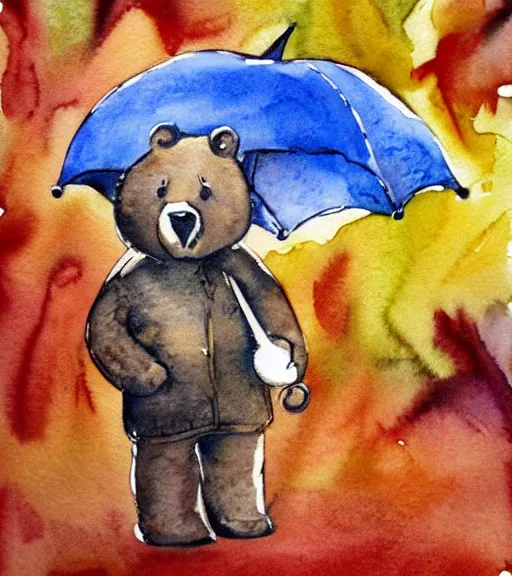 Prompt: autumn a bear with an umbrella cartoon watercolor by arti chauhan trending on artstation