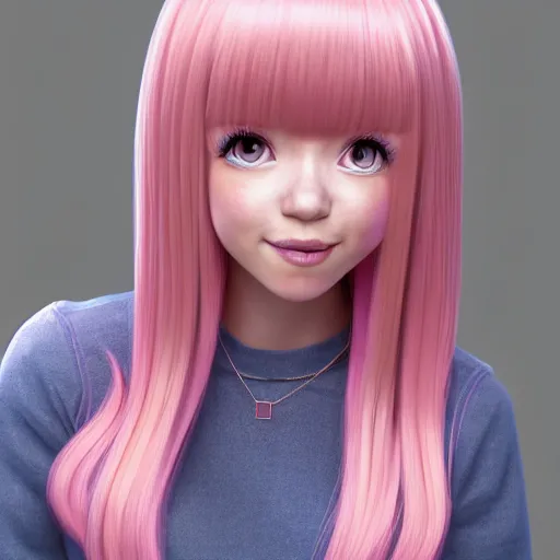 Image similar to A portrait of Nikki from Shining Nikki and Love, a cute 3d cgi toon young woman with long light pink hair, full bangs, hazel eyes, full face, light makeup, pale skin, Chinese heritage, cute outfit, medium shot, mid-shot, hyperdetailed, 8k, trending on artstation, as a Pixar character