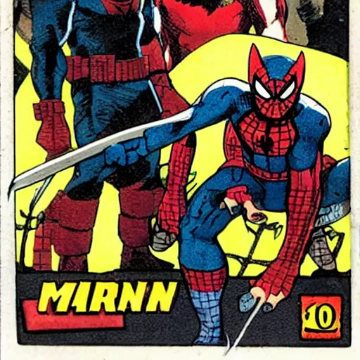 Prompt: a photo of marvel Wolverine playing cards in a trench with marvel Spiderman xmen, world war 2, old photo