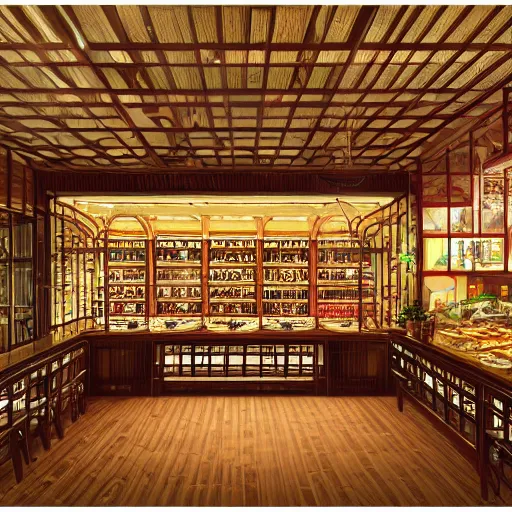 Prompt: a beautiful hyperdetailed interior render of roasted string hotpot elementary small shop, from china, with merchant logo, simply style, fine delicate structure, chinese style, victo ngai, 4 k hd