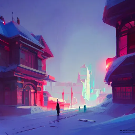 Image similar to concept art of a futuristic new england colonial city at the edge of a snow capped mountain, grimy, gritty, trending on artstation, award winning painting, cgi, art by anton fadeev and john howe and greg rutkowski