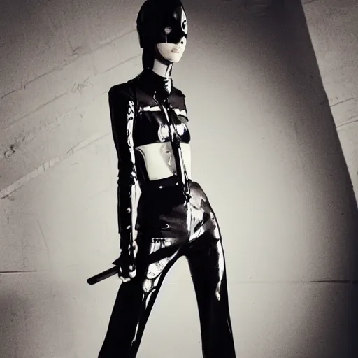 Image similar to fashion photography of an extraterrestrial model, holding a leather whip, wearing demobaza fashion, inside berghain, berlin fashion, harness, futuristic fashion, dark minimal outfit, photo 3 5 mm leica, hyperdetail, berghain, 8 k, very detailed, photo by nick knight