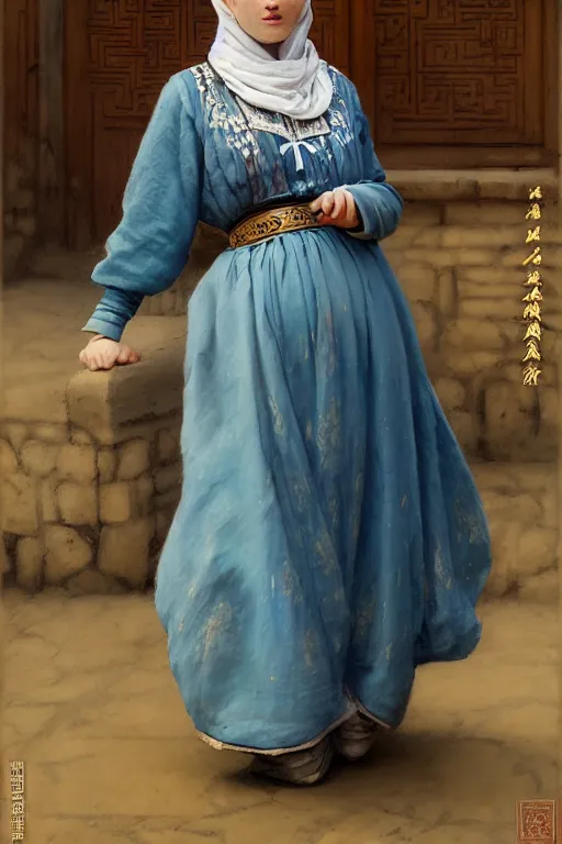 Prompt: portrait of a beautiful nordic woman, blue eyes, wearing a turkish traditional dress in istanbul on 1 9 0 0 s, extremely detailed digital painting, in the style of fenghua zhong and ruan jia and jeremy lipking and peter mohrbacher, mystical colors, rim light, beautiful lighting, 8 k, stunning scene, raytracing, octane, trending on artstation