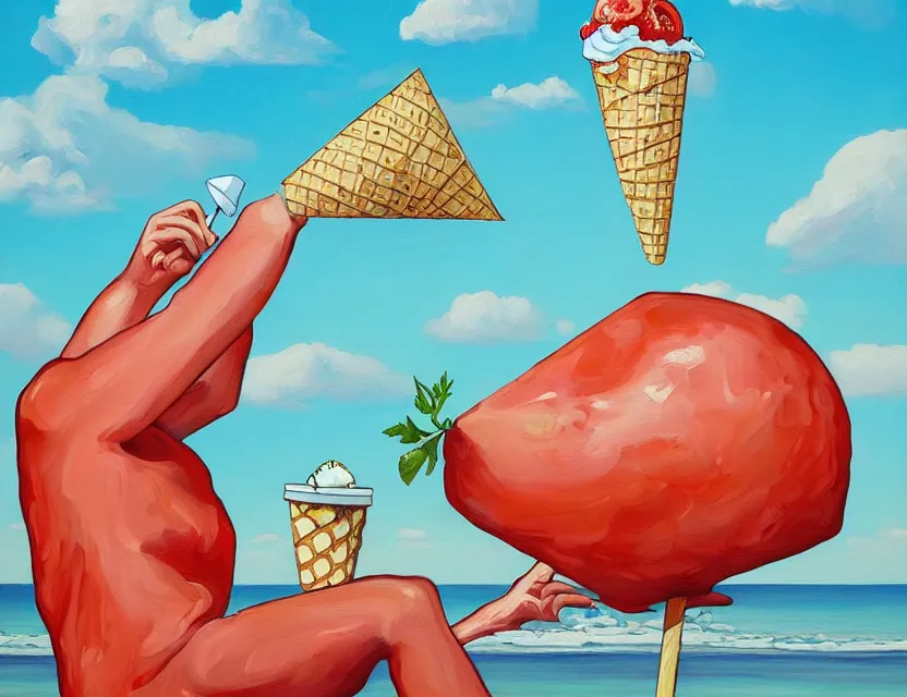 Prompt: a painting of a lazy red tomato on a sunny beach eating ice cream clouds in a cone by james jean