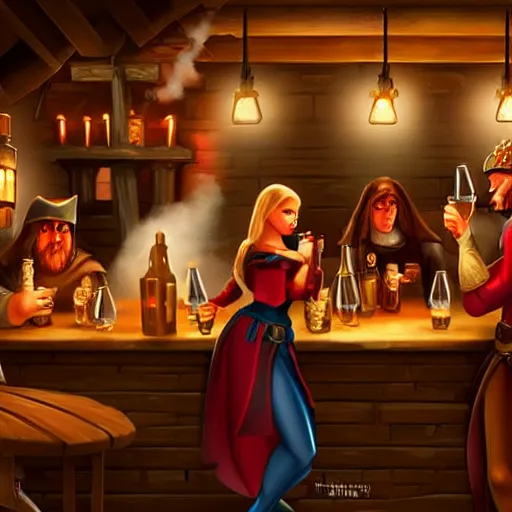 Image similar to medieval tavern with barmaid and patrons drinking, artstation, fantasy