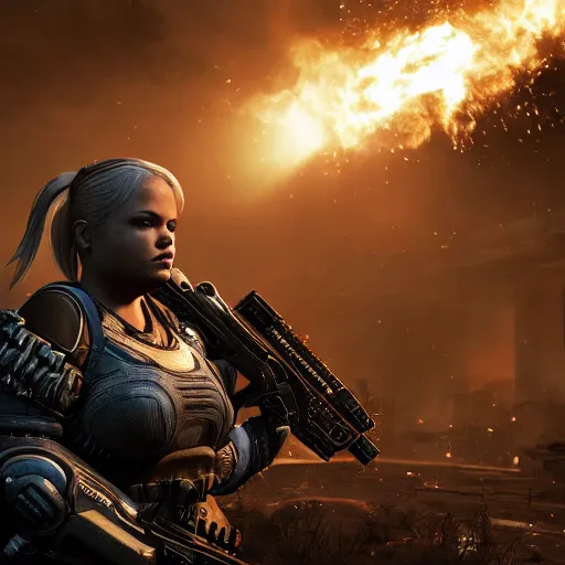 Prompt: Portrait of trisha paytas in Gears of War, splash art, movie still, cinematic lighting, dramatic, octane render, long lens, shallow depth of field, bokeh, anamorphic lens flare, 8k, hyper detailed, 35mm film grain