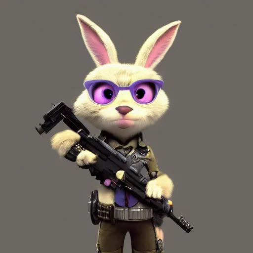 Prompt: super cute cyberpunk bunny, holding a gun, pixar, zootopia, cgi, trending on artstation
