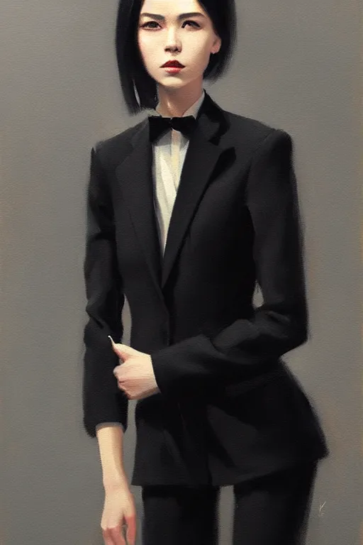 Image similar to a ultradetailed beautiful panting of a stylish woman wearing a black loose fit suit with a tie, oil painting, by ilya kuvshinov, greg rutkowski and makoto shinkai, trending on artstation