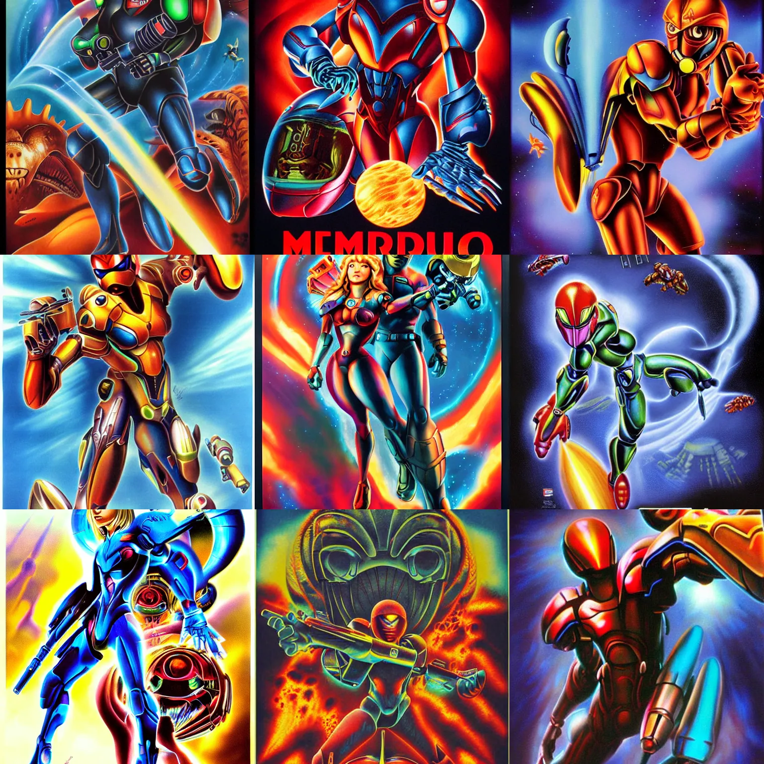 Prompt: movie poster for metroid, airbrush by john alvin