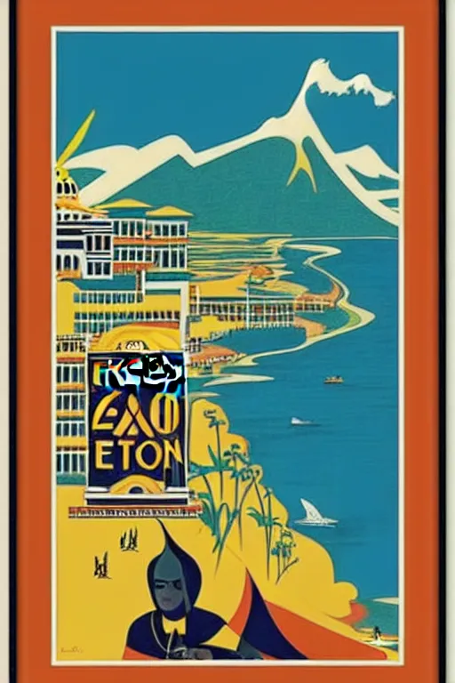 Prompt: art deco travel poster. ecuador, framed poster