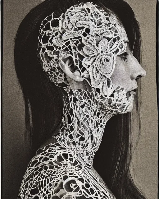 Image similar to a woman's face in profile, made of intricate lace skeleton, in the style of the dutch masters and gregory crewdson, dark and moody