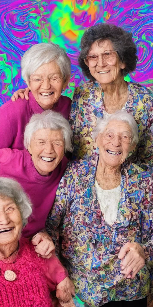 Prompt: smiling grandmas in the house on psychedelics