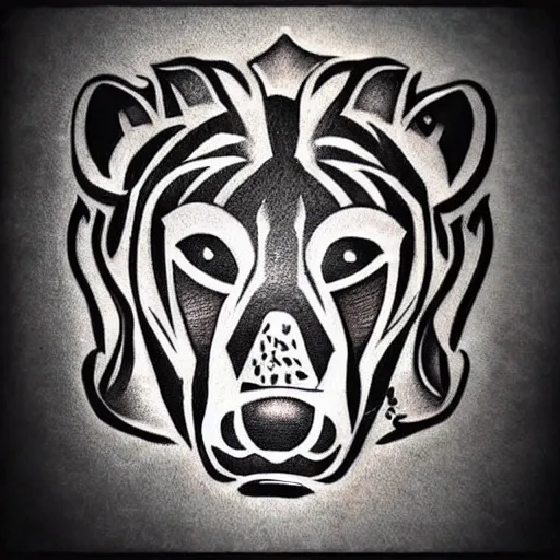 Prompt: concept tattoo design, stencil, bear, wreath surrounding bear