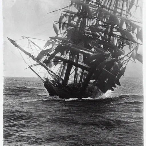 Prompt: an impossibly huge pirate ship, being attacked by a kraken, giant tentacles. 1910s photograph