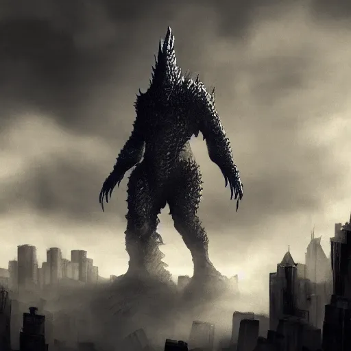 Image similar to Kaiju towering above New York, dark souls concept art, dramatic lighting, highly stylized, high-quality wallpaper, desktopography W -1024