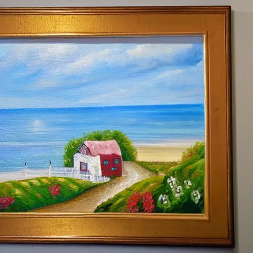 Prompt: A painting of a cozy cottage with a view of the beach