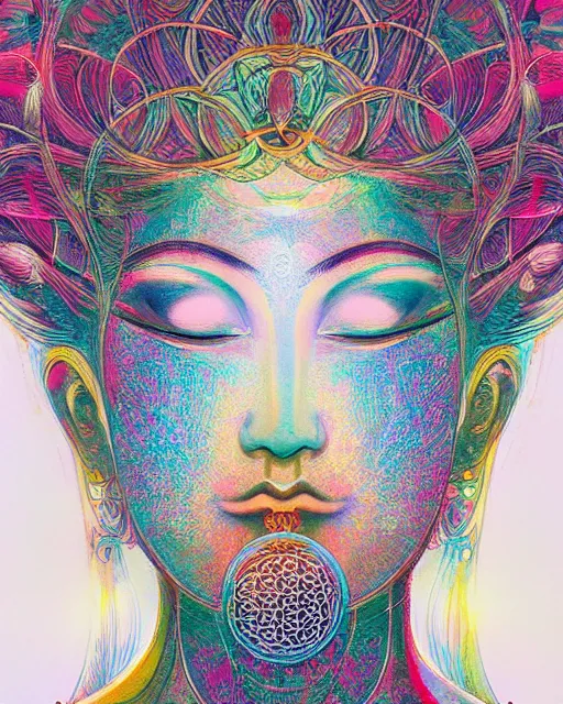 Image similar to flower of life contented peaceful bodhisattva, close up, portrait, intricate, colorful, symmetrical, art by artgerm and wlop and james jean and carne griffiths, artstation 8 k uhd