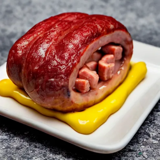 Image similar to a pork made of sausages wallowing in ketchup and mustard