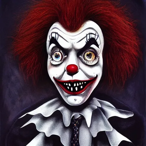 Image similar to portrait of a horror Clown, mood is dark and gloomy, by Tim Burton,
