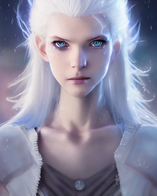 Image similar to perfect white haired girl, ethereal armor, beautiful, pretty face, blue eyes, detailed, windy weather, scifi, platform, laboratory, experiment, 4 k, ultra realistic, epic lighting, high detail, masterpiece, by akihito tsukushi, charlie bowater, ross tran