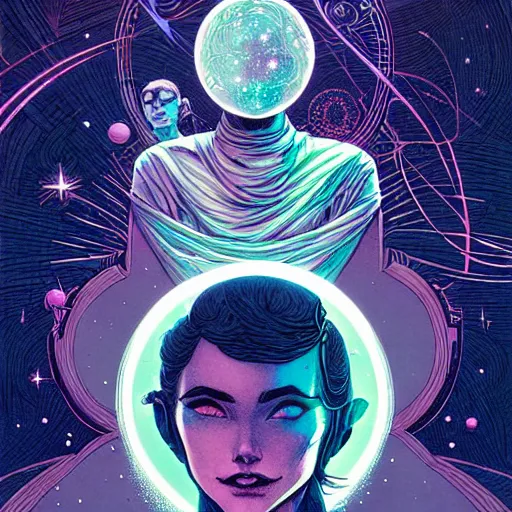 Image similar to cosmic portrait top light, by killian eng and joe fenton and martin deschambault and conrad roset, inspired by victorian vertigo comics, etching, fine, sharp high detail,