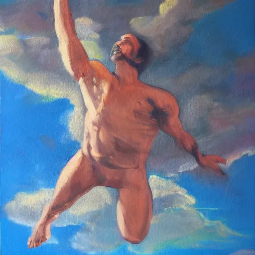 Prompt: expressive oil painting of a man falling form the sky with clouds, view from top looking down,