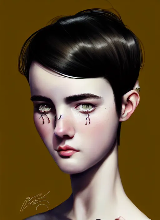 Prompt: portrait of white teenage girl, narrow face, short black hair and eyebrows, bangs, half updo hairstyle, buck teeth, unattractive, defined jawline, long chin, smile, hair bow, intricate, elegant, glowing lights, highly detailed, digital painting, artstation, sharp focus, illustration, art by wlop, mars ravelo and greg rutkowski