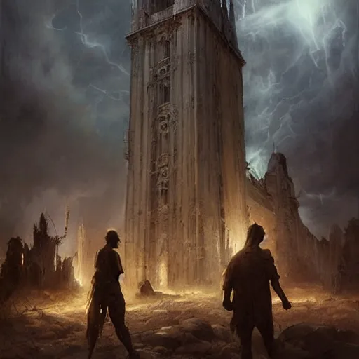 Prompt: epic masterpiece of cinematographic hyperrealism where a group of archeologists appears in front of a large demonic tower. realistic shaded lighting poster by craig mallismo, artgerm, jeremy lipkin and michael garmash, unreal engine, detailed and intricate environment, digital art, art station trends, horror, night, dark lighting, lightning