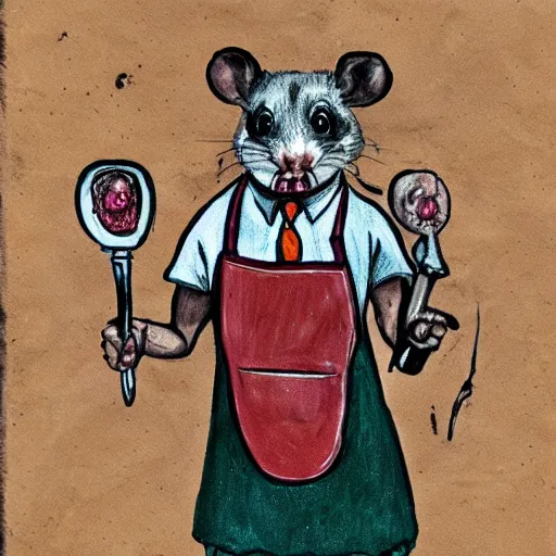 Image similar to an immortal dead hamster in a butcher's suit with an evil face, in an apron covered in blood, holding cleavers in his hands. the hamster has 4 arms. front view. old painting sketch