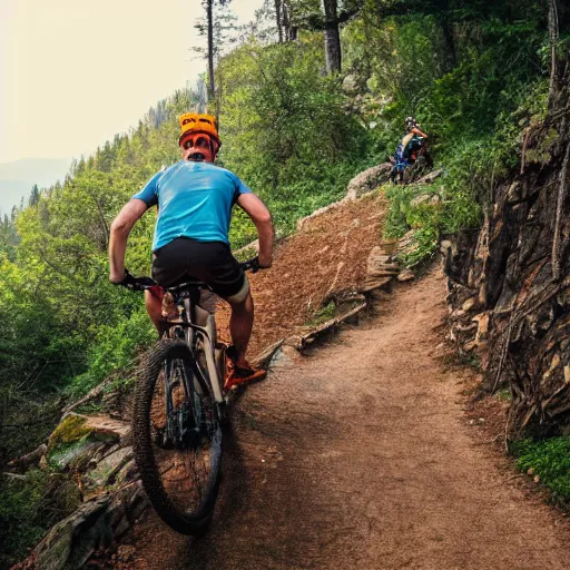 Image similar to 38 year old male on a full suspension mountain bike riding down a steep and rocky trail with a big smile on his face, ultrarealistic, 4K