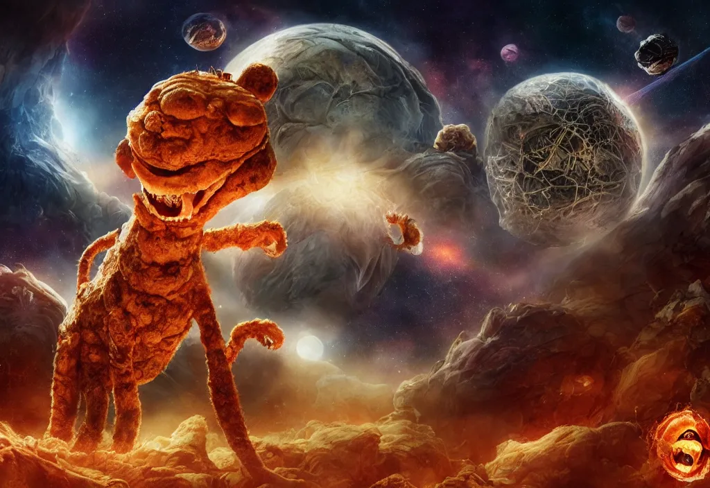 Image similar to eldritch horror bloody garfield in space, hd, 8 k, giant, epic, realistic photo, unreal engine, stars, prophecy, powerful, cinematic lighting, destroyed planet, debris, violent, sinister, ray tracing, dynamic, epic composition, dark, horrific, teeth, grotesque, monochrome drawing, hellscape