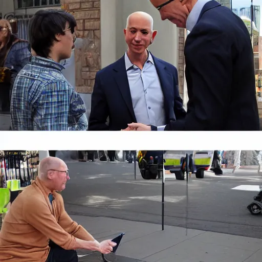 Prompt: a photo of homelss jeff Bezos asking for money on the street, detailed photo