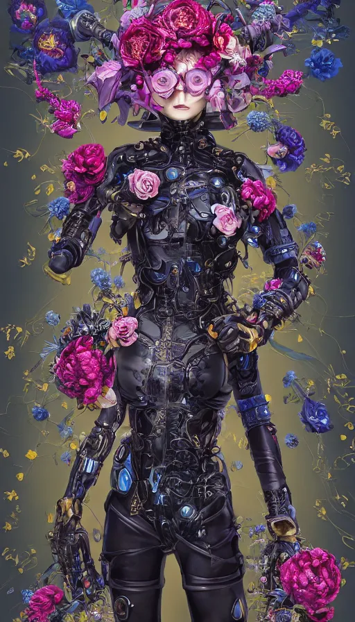 Image similar to full body head to toe portrait of a flowerpunk sci-fi cyborg ninja, third person, D&D, sci-fi fantasy, intricate, blue and gold, daisy and rose and peony, highly detailed, art by Range Murata, highly detailed, 3d, octane render, bright colors, digital painting, trending on artstation, sharp focus, illustration style of Stanley Artgerm, dramatic background