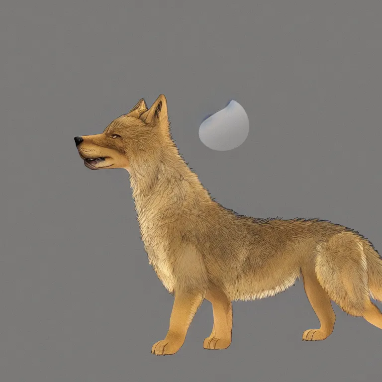 Image similar to professional full - body digital art of the entire side view of a slightly fluffy light tan tibetan wolf with light brown accents, hd, highly detailed, high quality, wild, nature