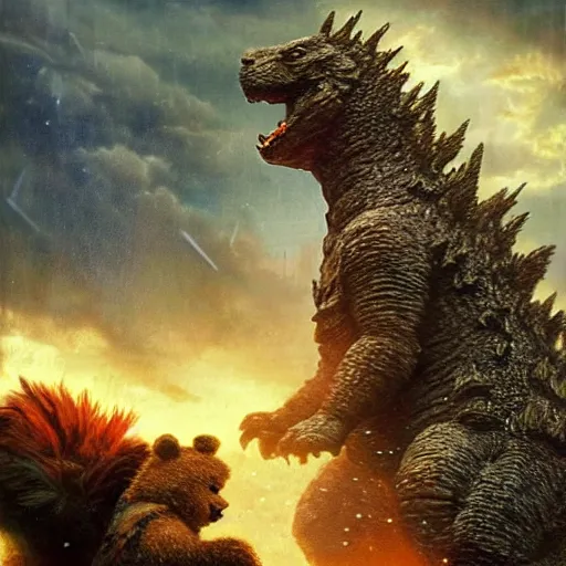 Image similar to godzilla and winnie the pooh are best friends, cinematic composition, epic dramatic lighting, realistic, hyperdetailed, photorealistic, photograph, epic scale by gaston bussiere