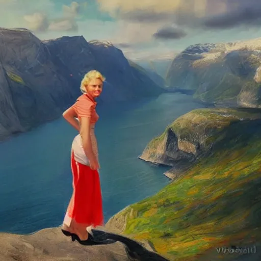 Image similar to 1950s blonde standing on top of Norwegian fjord, norway flag and sky blended, atmospheric, dreamy, painting by Vladimir Volegov