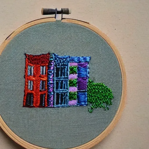 Image similar to a tiny beautiful handmade embroidery of a city. hand embroidery.