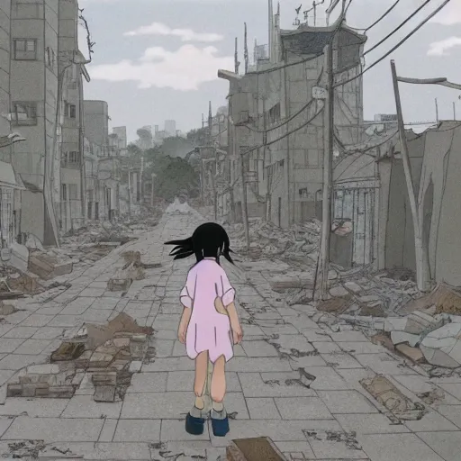 Prompt: ghost of a young girl, a burnt out city, cel shaded, studio ghibli, hayao miyazaki