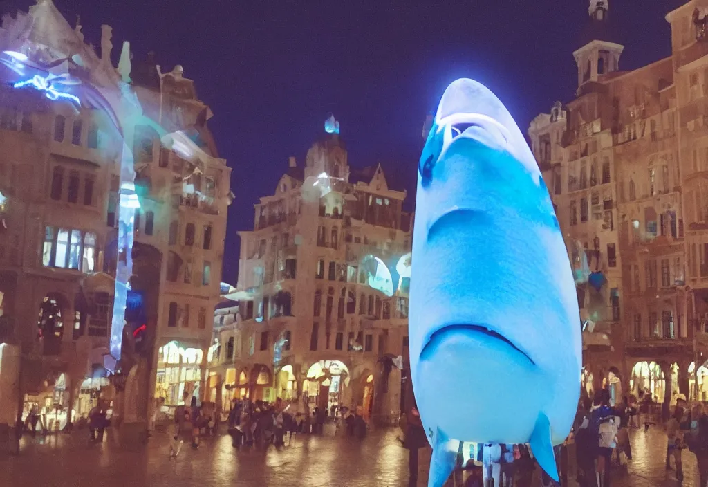 Image similar to 3 d 🦈 popping out of curved screen, town square, volumetric lighting, bokeh, instax