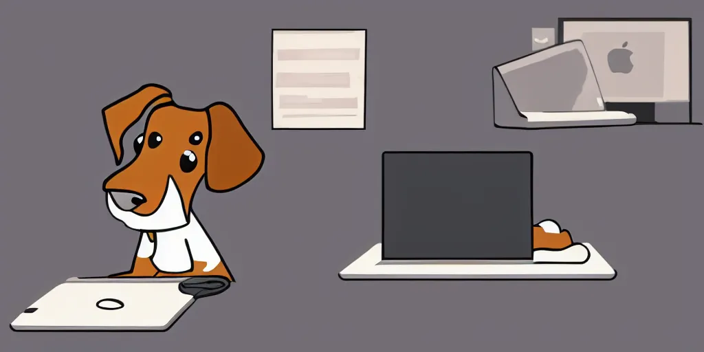 Image similar to cartoon illustration of a dog with its hind leg raised over a laptop computer