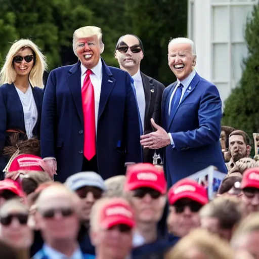 Image similar to donald trump poses with joe biden lookalikes in front of the white house as a protest, sunny day, detailed, detailed faces