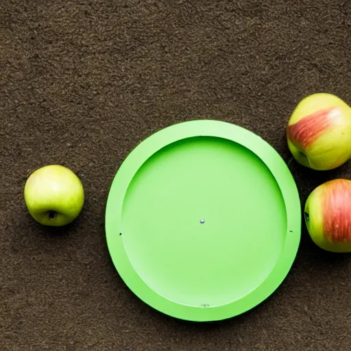 Prompt: a basketball sits near an apple which sits near a frisbee while a hand points to the fruit, photo