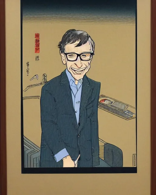 Prompt: a portrait of Bill Gates, highly detailed, in the style of ukiyoe, grotesque caricature