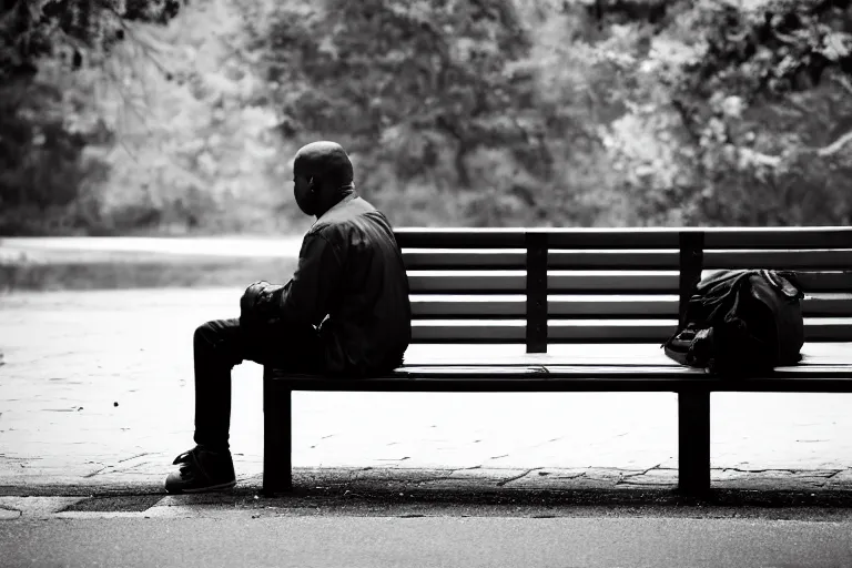 Image similar to photo of a man sitting on a bench waiting for someone that will never come, depressing, moody, nostalgic, dramatic, 8 k uhd