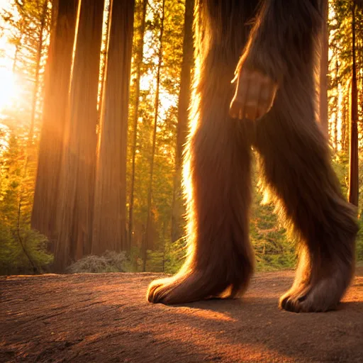 Image similar to bigfoot walking in the california redwoods, golden hour, award winning photography, 2 0 0 mm, f 2. 8, 8 k